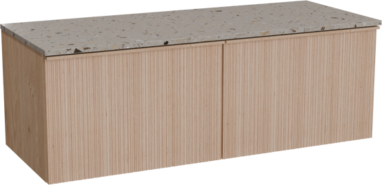 Balmani Forma meuble salle de bains suspendu 135 x 55 cm chêne naturel avec Stretto tablette simple ou double en terrazzo greige terrazzo, Nervure circulaire asymétrique verticale