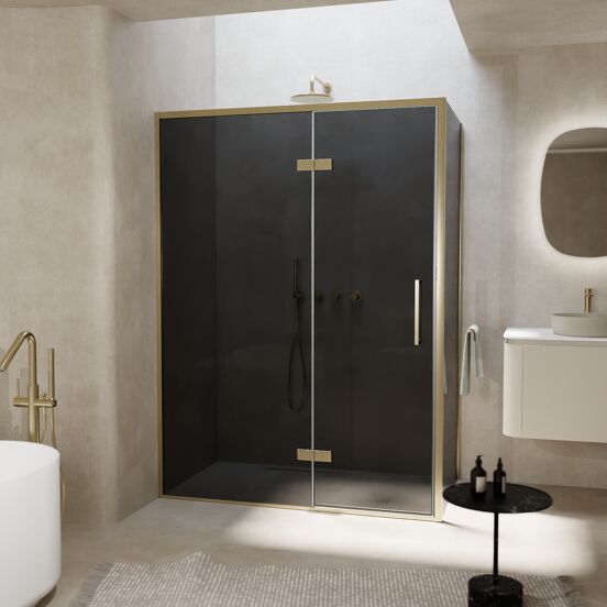 Balmani Senses Design douchehoek met linkse draaideur en vaste zijwand, 140 x 100 cm, Rookglas, Brushed Champagne Gold profielen, met coating