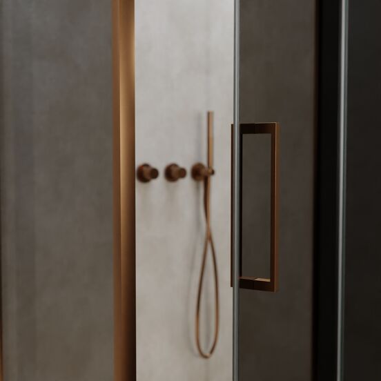 Balmani Senses Design douchecabine met rechtse draaideur en vaste zijwand, 100 x 100 cm, Rookglas, Brushed Rosegold profielen, met coating