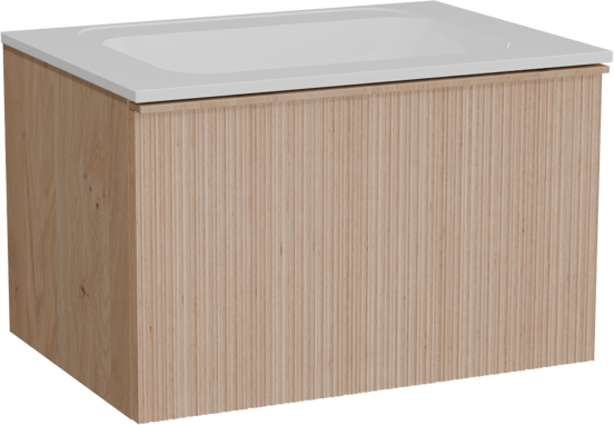 Balmani Forma zwevend badkamermeubel 75 x 55 cm natuur eik met Tablo Strada enkele wastafel in composietmarmer glanzend wit, Verticale asymmetrische ronde ribbel