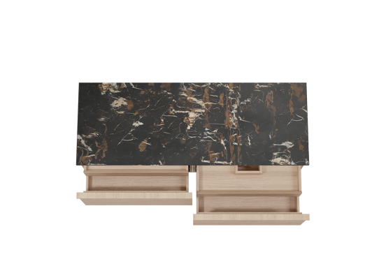 Balmani Forma hängendes Möbelstück Set: 150 x 55 cm, Naturbelassene Eiche, mit Stretto Einzel- oder Doppel Waschtischplatte, Marmor, Portoro Gold, Horizontale symmetrische gerade Rippe