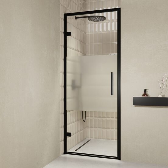 Balmani Senses Design Dusche Drehtür, Links, 90 cm x 210 cm, Klarglas mit mattiertem Streifen, Profil Schwarz, inklusive Coating