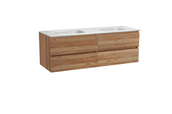 Balmani Lucida zwevend badkamermeubel 150 x 55 cm teak met Tablo Arcato dubbele wastafel in marmer carrara