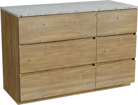 Storke Edge freistehendes Möbelstück Set: 120 x 52 cm, Rohe Eiche, mit Tavola Einzel- oder Doppel Waschtischplatte, Terrazzo in Weiß/Schwarz matt