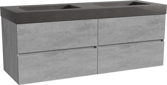 Storke Edge zwevend badkamermeubel 150 x 52 cm beton donkergrijs met Scuro High dubbele wastafel in kwarts mat zwart