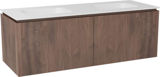 Balmani Eclips zwevend badkamermeubel 150 x 55 cm Amerikaanse notelaar met Tablo Arcato dubbele wastafel in Solid Surface mat wit