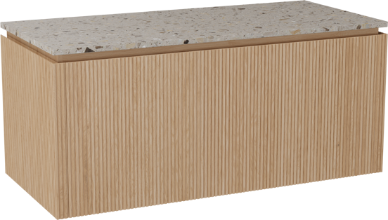 Balmani Eclips zwevend badkamermeubel 120 x 55 cm Natuur eik met Stretto enkel of dubbel tablet in Greige terrazzo, Verticale symmetrische rechte ribbel