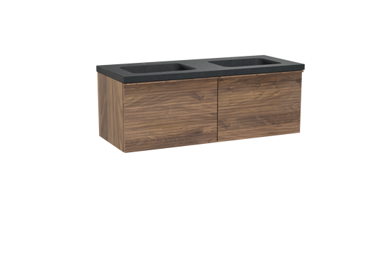 Balmani Forma hängendes Möbelstück Set: 135 x 55 cm, Amerikanischer Nussbaum, mit Napoli Doppelwaschtisch, Granit, Schwarzes Granit, Horizontale symmetrische gerade Rippe