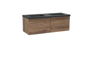 Balmani Forma hängendes Möbelstück Set: 135 x 55 cm, Amerikanischer Nussbaum, mit Napoli Doppelwaschtisch, Granit, Schwarzes Granit, Horizontale symmetrische gerade Rippe