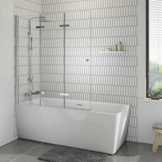 Luca Varess Kuresa driedelige opvouwbare badwand 140 cm helder glas glanzend chroom profiel