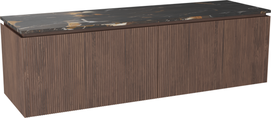 Balmani Eclips meuble salle de bains suspendu 180 x 55 cm Noyer américain avec Stretto tablette simple ou double en Portoro Gold marbre, Nervure droite symétrique verticale