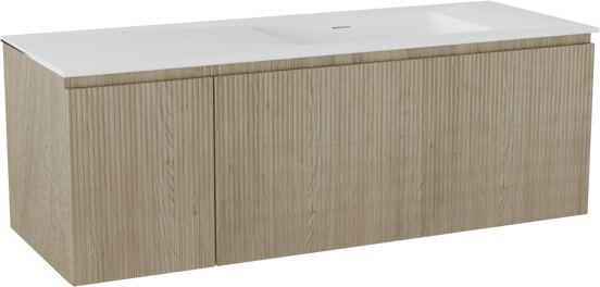 Storke Ribs hängendes Möbelstück Set: 140 x 52 cm, Rohe Eiche, mit Mata Waschtisch rechts, Solid Surface, Weiß matt, Vertikale symmetrische gerade Rippe