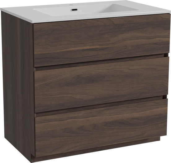 Storke Edge staand badkamermeubel 85 x 52 cm notelaar met Diva enkele wastafel in composietmarmer glanzend wit