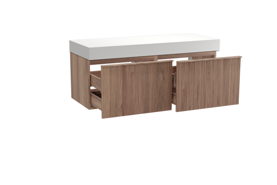 Balmani Forma zwevend badkamermeubel 135 x 55 cm teak met Dominus enkel of dubbel tablet in solid surface mat wit, Verticale symmetrische rechte ribbel