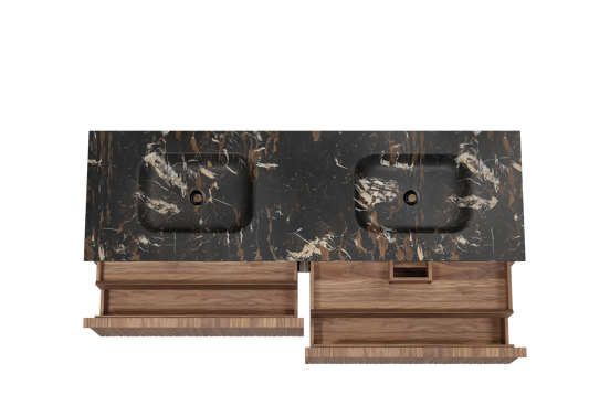 Balmani Forma zwevend badkamermeubel 180 x 55 cm amerikaanse notelaar met Tablo Arcato dubbele wastafel in marmer portoro gold, Verticale asymmetrische ronde ribbel
