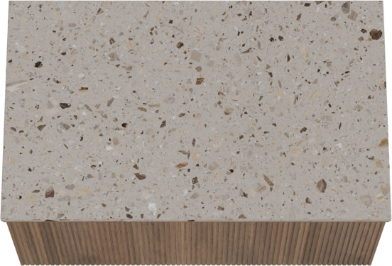 Balmani Forma hängendes Möbelstück Set: 90 x 55 cm, Amerikanischer Nussbaum, mit Stretto Einzel Waschtischplatte, Terrazzo in Greige, Vertikale symmetrische gerade Rippe
