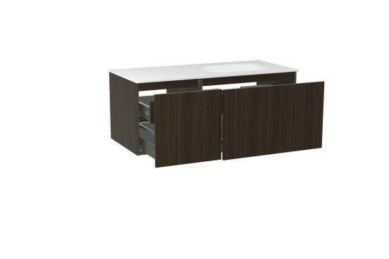 Balmani Sfera meuble salle de bains suspendu 120 x 55 cm eucalyptus avec Tablo Oval plan vasque asymétrique à droite en solid surface blanc mat