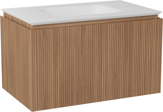 Balmani Eclips zwevend badkamermeubel 90 x 55 cm Teak met Eclips enkele wastafel in Solid Surface mat wit, Verticale symmetrische rechte ribbel