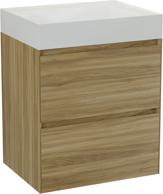 Balmani Mitra Compact meuble salle de bains suspendu 60 x 46 cm chêne brut avec Argila vasque asymétrique gauche en marbre composite blanc brillant