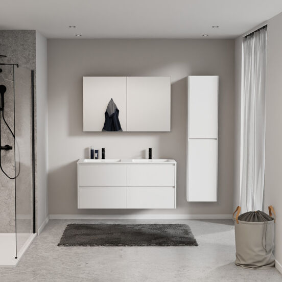 Storke Seda zwevend badmeubel 130 x 52 cm mat wit met Mata dubbele wastafel in solid surface mat wit