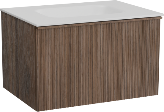 Balmani Forma zwevend badkamermeubel 75 x 55 cm amerikaanse notelaar met Tablo Arcato enkele wastafel in solid surface mat wit, Verticale asymmetrische ronde ribbel