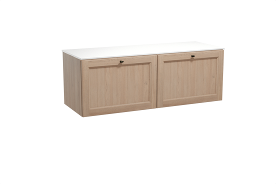 Balmani Lemon hängendes Möbelstück Set: 150 x 55 cm, Verwitterte Eiche, mit Stretto Einzel- oder Doppel Waschtischplatte, Solid Surface Weiß matt