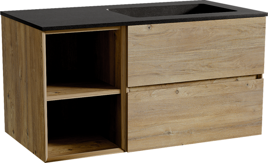 Storke Edge meuble salle de bains suspendu 100 x 52 cm chêne brut avec Scuro plan vasque asymétrique à droite en quartz noir mat