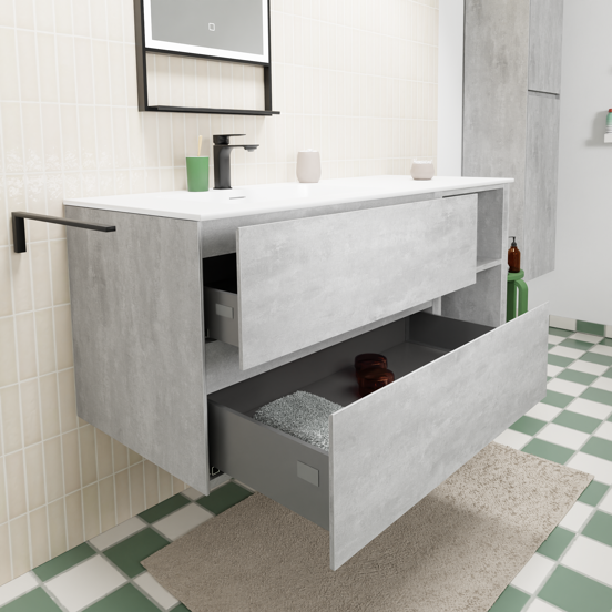 Storke Edge meuble salle de bains suspendu 130 x 52 cm béton gris foncé avec Mata plan vasque asymétrique à gauche en solid surface blanc mat