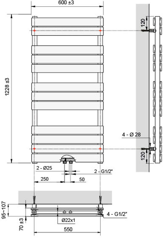 Vipera Vulcan dubbele handdoekradiator 60 x 123 cm elektrische verwarming hoogglans wit zij- en middenaansluiting 1.256W, weerstand inbegrepen