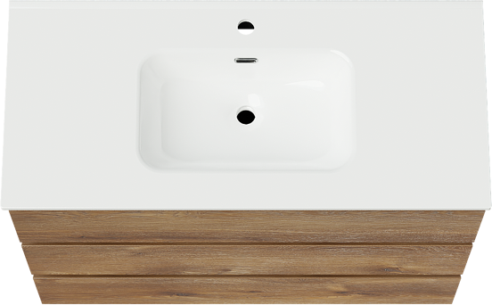 Linie Lado staand badmeubel 100 x 46 cm bruin eiken met Baro enkele wastafel in porselein hoogglans wit
