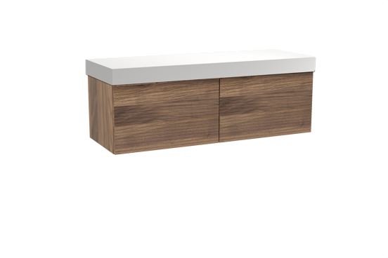 Balmani Forma hängendes Möbelstück Set: 150 x 55 cm, Amerikanischer Nussbaum, mit Dominus Einzel- oder Doppel Waschtischplatte, Solid Surface, Weiß matt, Horizontale symmetrische gerade Rippe