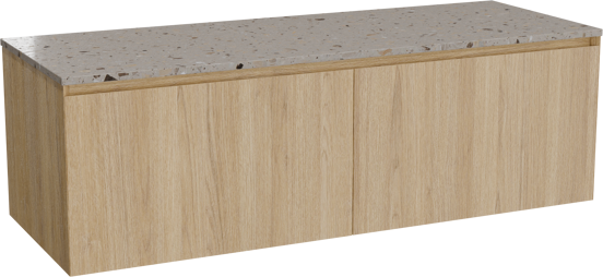 Balmani Idra hängendes Möbelstück Set: 150 x 55 cm, Naturbelassene Eiche, mit Stretto Einzel- oder Doppel Waschtischplatte, Terrazzo in Greige