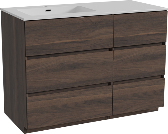 Storke Edge staand badkamermeubel 110 x 52 cm notelaar met Diva asymmetrisch linkse wastafel in composietmarmer glanzend wit