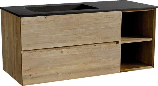 Storke Edge zwevend badmeubel 120 x 52 cm ruw eiken met Scuro asymmetrisch linkse wastafel in kwarts mat zwart