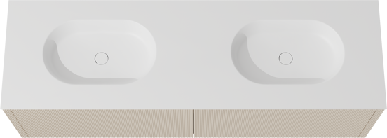 Balmani Eclips zwevend badkamermeubel 180 x 55 cm Sandbeige met Tablo Oval dubbele wastafel in Solid Surface mat wit, Verticale symmetrische rechte ribbel