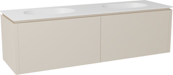 Balmani Eclips hängendes Möbelstück Set: 180 x 55 cm, Sandbeige, mit Tablo Oval Doppelwaschtisch Solid Surface Weiβ matt