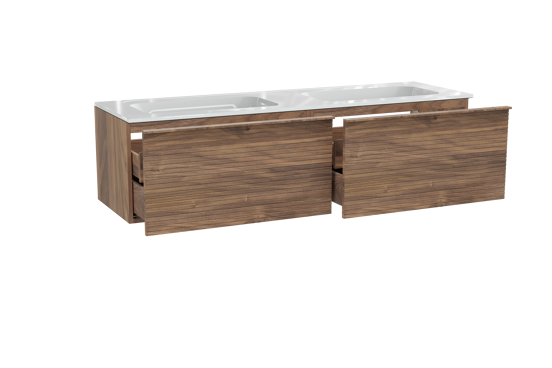 Balmani Forma zwevend badkamermeubel 180 x 55 cm amerikaanse notelaar met Tablo Strada dubbele wastafel in composietmarmer glanzend wit, Horizontale symmetrische rechte ribbel