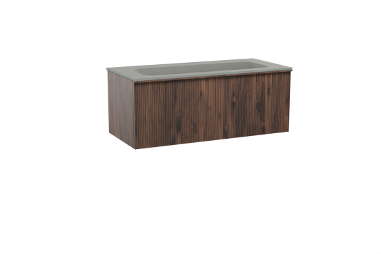Balmani Forma zwevend badkamermeubel 120 x 55 cm amerikaanse notelaar met Tablo Strada enkele wastafel voor 2 kraangaten in composietmarmer zijdegrijs, Verticale symmetrische rechte ribbel