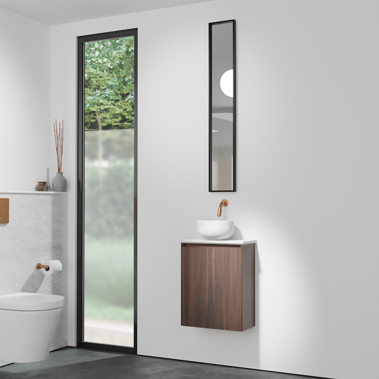 Balmani Mitra zwevend toiletmeubel 42 x 21 cm amerikaanse notelaar met Facetta tablet en Bowl waskom in Carrara marmer
