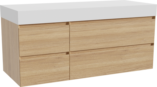 Balmani Mitra zwevend badkamermeubel 135 x 55 cm natuur eik met Dominus enkel of dubbel tablet in solid surface mat wit