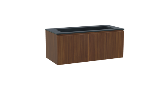 Balmani Sfera hängendes Möbelstück Set: 120 x 55 cm, Amerikanischer Nussbaum, mit Tablo Strada Einzelwaschtisch für 2 Armaturenlöcher, Marmorkomposit Schwarz matt