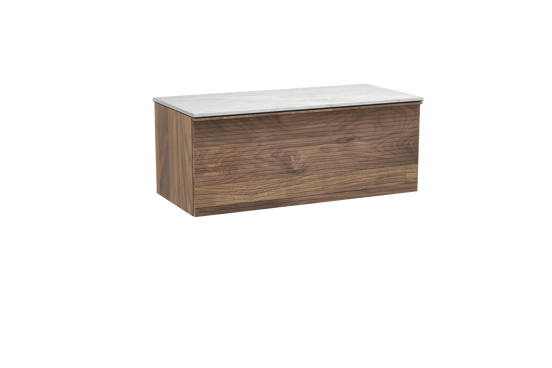Balmani Forma zwevend badkamermeubel 120 x 55 cm amerikaanse notelaar met Stretto enkel of dubbel tablet in marmer carrara, Horizontale symmetrische rechte ribbel