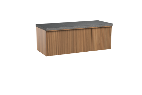 Balmani Forma hängendes Möbelstück Set: 135 x 55 cm, Teak, mit Rock Waschtisch links, Granit, Schwarzes Granit, Vertikale symmetrische gerade Rippe