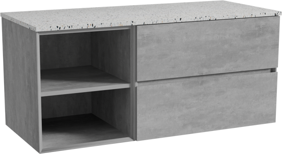 Storke Edge zwevend badmeubel 120 x 52 cm beton donkergrijs met Tavola enkel of dubbel wastafelblad in mat wit/zwart terrazzo