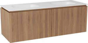 Balmani Eclips zwevend badmeubel 150 x 55 cm Teakhout met Tablo Arcato dubbele wastafel in Solid Surface mat wit