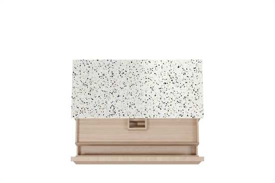 Balmani Forma hängendes Möbelstück Set: 120 x 55 cm, Naturbelassene Eiche, mit Stretto Einzel- oder Doppel Waschtischplatte, Terrazzo in Weiß/Schwarz matt, Horizontale symmetrische gerade Rippe