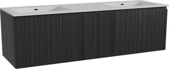 Storke Ribs zwevend badmeubel 165 x 52 cm zwart eiken met Diva dubbele wastafel in composietmarmer hoogglans wit, Verticale asymmetrische rechte ribbel