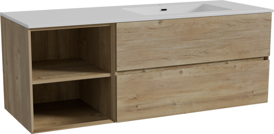 Storke Edge meuble salle de bains suspendu 140 x 52 cm chêne brut avec Diva plan vasque asymétrique à droite en marbre composite blanc brillant