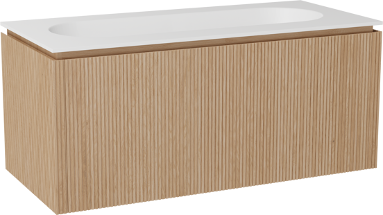 Balmani Eclips zwevend badkamermeubel 120 x 55 cm Natuur eik met Tablo Oval enkele wastafel in Solid Surface mat wit, Verticale symmetrische rechte ribbel