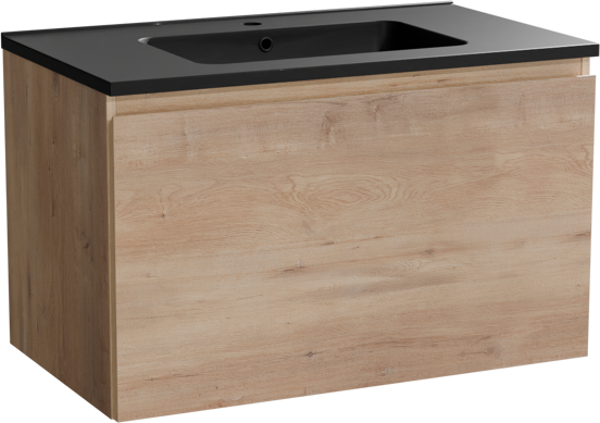 Linie Lado hängendes Möbelstück Set: 80 x 46 cm, Naturbelassene Eiche, mit Vano Einzelwaschtisch, Marmorkomposit Schwarz matt